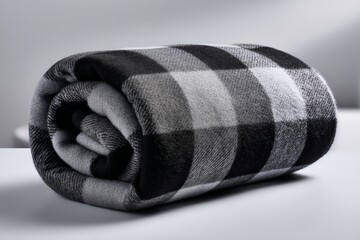 Poster - Cozy woolen blanket rolled up on a table with a soft light background perfect for chilly evenings