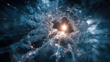 Poster - Bright shards of glass explode outward, creating a dynamic visual effect. In the center, a solid glowing object emits radiant light, contrasting against the dark backdrop