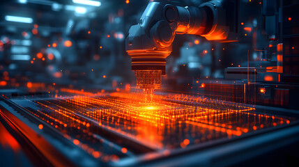 Aufkleber - Futuristic industrial scene featuring a robotic arm with an illuminated grid. Advanced technology, automation, and precision are key. Abstract wireframe in dark blue.