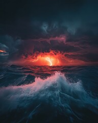 Wall Mural - Dramatic ocean storm with lightning strikes at sunset aerial view showcasing nature's power and beauty at sea