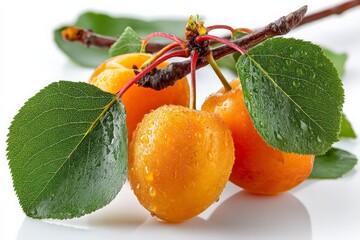 Poster - Fresh apricots with water droplets on branch and green leaves in a bright setting