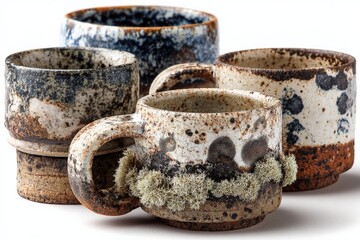Aufkleber - Artisan ceramic mugs with unique glaze patterns displayed on a neutral surface, showcasing craftsmanship and creativity