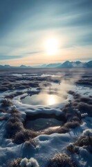 Poster - 冬の日の雪原に開いた氷の池の風景、太陽光が水面に反射し、雪と氷の結晶が輝く自然の美しさ