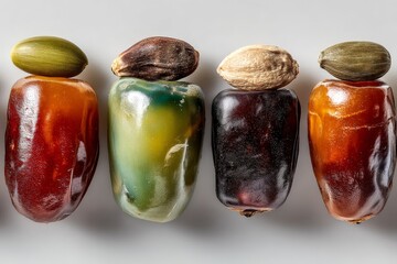 Poster - Unique display of colorful peppers and seeds on a neutral background showcasing varied textures and shapes