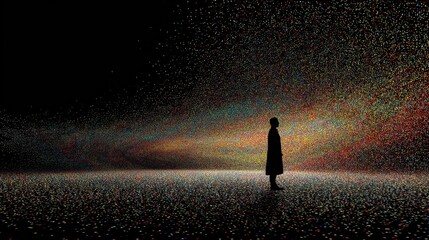 Poster - A figure stands alone in a vast digital landscape filled with swirling abstract data points. The colorful patterns create a sense of depth and evoke feelings of wonder and curiosity