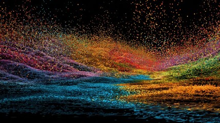 Fototapete - Dynamic data points blend in colors, forming abstract patterns that flow like waves across a dark background. This visual representation evokes a sense of movement and energy