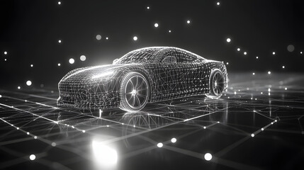 Poster - Futuristic car concept showcased in a wireframe model with glowing accents. Digital platform and orbs enhance the technological theme. Abstract wireframe in dark blue