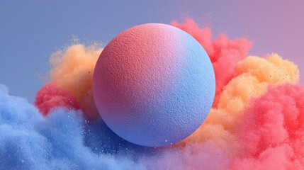 Poster - Colorful particles elegantly orbit a soft matte orb, surrounded by vibrant clouds of pink, blue, and orange. This captivating display seems to radiate energy and creativity