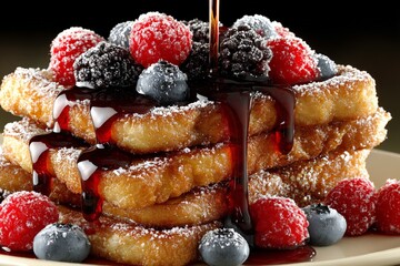 Aufkleber - Stack of freshly made waffles topped with berries and syrup served on a plate