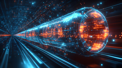 Fototapete - Futuristic data stream tunnel with glowing blue grids and orange data points. Represents high-tech connectivity and rapid information transfer. Abstract wireframe in dark blue.