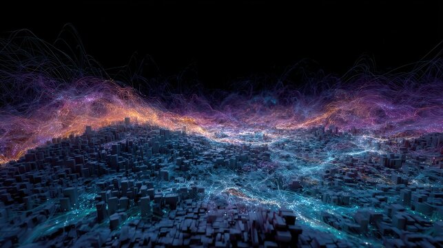 A sprawling urban landscape glows under a night sky filled with dynamic light trails. Skyscrapers rise from the ground, surrounded by a network of shimmering colors