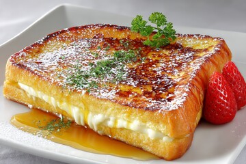 Poster - Delicious thick French toast topped with powdered sugar, strawberries, and syrup on a white plate