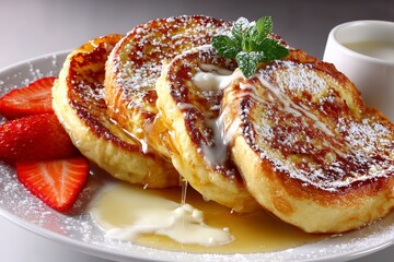 Aufkleber - Delicious stack of golden-brown French toast served with strawberries and a drizzle of syrup