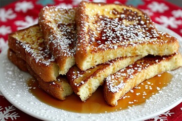Aufkleber - Delicious French toast stack topped with powdered sugar and syrup served on a festive table