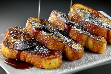 Aufkleber - Delicious slices of French toast topped with syrup and powdered sugar on a white plate