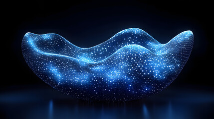Fototapete - Futuristic abstract bowl of interconnected blue lines glows on a dark surface. Star-like nodes enhance its wavy, digital form. Abstract wireframe in dark blue.