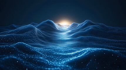 Fototapete - A digital sunrise illuminates a network of blue, pointillistic mountains. The glowing horizon creates depth and draws the eye in this abstract wireframe landscape in dark blue.