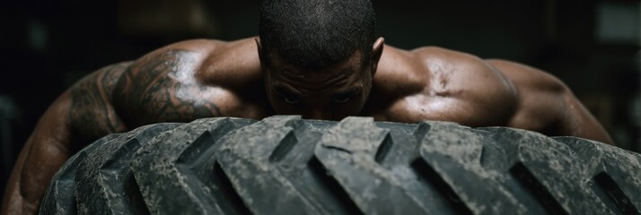 Poster - Crossfit Participant Demonstrates Impressive Tire Flip Technique Revealing Strong Back Muscles in a Training Session