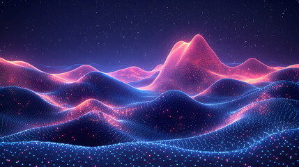 Fototapete - Surreal digital landscape with glowing grid waves under a starry night. Blue and red hues create depth, highlighting peaks. Abstract wireframe in dark blue