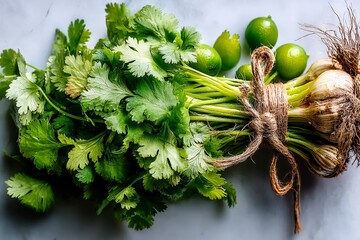 Poster - Fresh herbs and limes arranged beautifully for culinary use in a kitchen setting