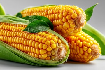 Poster - Freshly harvested corn on the cob with green leaves ready for cooking and serving in summer