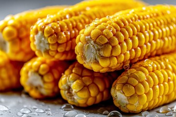 Poster - Fresh yellow corn on the cob with water droplets captured in a close-up during the harvest season in a kitchen setting
