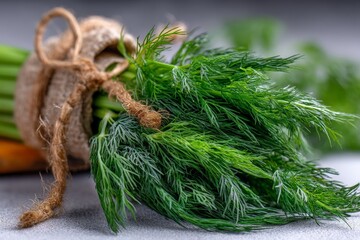 Poster - Fresh dill herb bundle with vibrant green leaves resting on a kitchen counter for culinary use