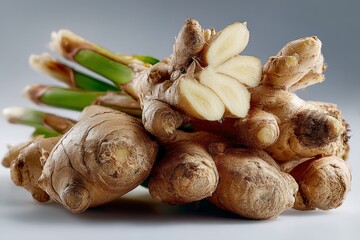 Poster - Fresh ginger roots close up showcasing intricate texture and vibrant green shoots in a clean background
