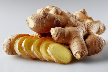 Poster - Fresh ginger root displayed with sliced pieces on a clean surface showcasing its texture and color during daylight