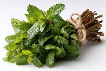 Poster - Fresh mint bunch displayed on a white surface with rustic twine binding the stems tightly together