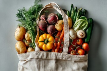 Poster - Freshly harvested vegetables in a reusable bag filled with a variety of colorful produce on a simple gray background
