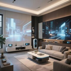 Aufkleber - 未来的なリビングルーム インテリア ライトグレーのソファ 白い家具 プロジェクターによる壁面映像が特徴の現代的な空間