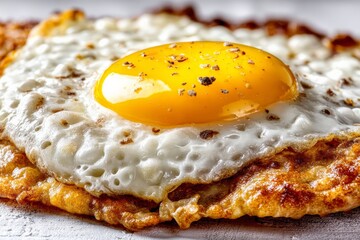 Aufkleber - Golden sunny side up egg on crispy fried base served on a rustic wooden table during breakfast