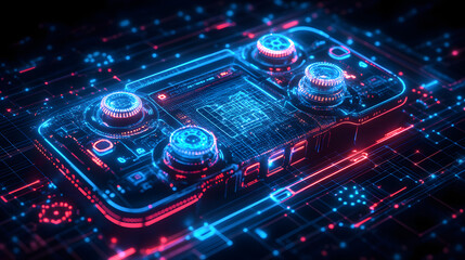 Fototapete - Futuristic handheld console with glowing blue circuitry and red accents. Knobs add tactile appeal. Glowing network background enhances the technological feel. Abstract wireframe in dark blue