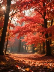 Aufkleber - 秋の森の鮮やかな紅葉 太陽光が差し込む美しい森林風景 赤とオレンジの葉が地面を覆う 秋の日の光景