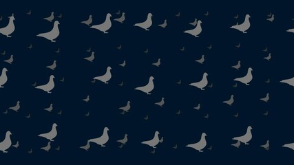 Poster - Bird pigeon symbols float horizontally from left to right. Parallax fly effect. Floating symbols are located randomly. Seamless looped 4k animation on dark blue background