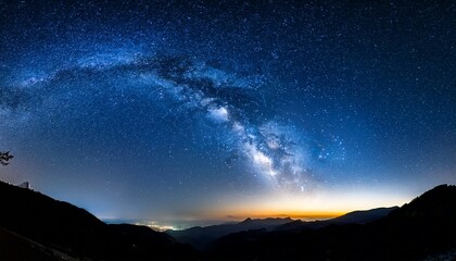 Wall Mural - amazing panorama blue night sky milky way universe filled with stars nebula and galaxy with noise and grain photo by long exposure and select white balance dark night sky