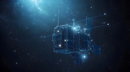 Poster - Futuristic satellite in deep space, a wireframe marvel against a nebula backdrop. Detailed design with solar panels and antennas, a technological beacon. Abstract wireframe in dark blue.