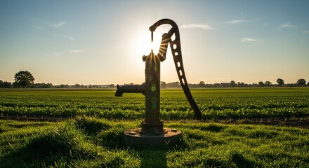 Poster - A rusty old water pump is sitting in a field of grass