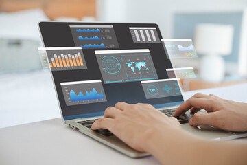 Poster - Businessman analysis shows a digital dashboard chart of the financial database. concept of business management, analytics market. Reporting platform overview, CRM system, ai data research