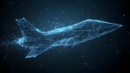 Poster - Futuristic spacecraft concept rendered as a luminous blue wireframe against a star-filled backdrop. Represents cutting-edge technology and space exploration. Abstract wireframe in dark blue.