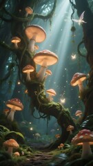 Poster - 日の光が差し込む神秘的な森のキノコの妖精の道 緑豊かな緑と苔に覆われた木々 幻想的な魔法の背景
