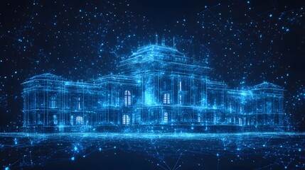 Fototapete - Striking architectural wireframe visualization of a grand building enveloped in a digital network. A captivating blend of tradition and technology. Abstract wireframe in dark blue