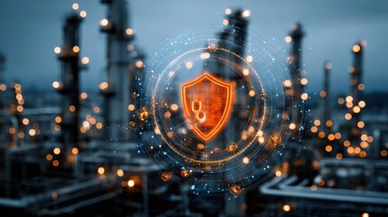Poster - A glowing digital security shield overlays an industrial plant, symbolizing cybersecurity and data protection in modern industry.
