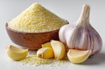 Poster - Couscous and garlic display on a kitchen countertop showcasing vibrant textures and natural ingredients perfect for culinary creations