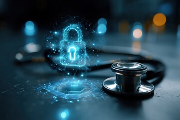 Poster - A digital padlock and stethoscope symbolize cybersecurity and data protection in healthcare.
