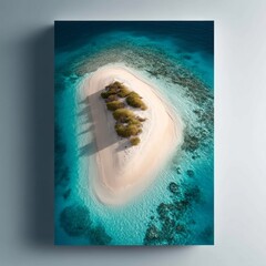 Aufkleber - A stunning tropical island is visible from above, revealing pristine white sands surrounded by vibrant turquoise waters. Lush greenery offers a peaceful contrast to the inviting beach