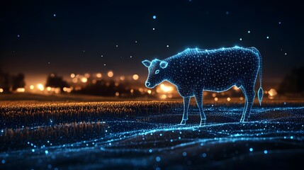 Fototapete - Futuristic digital cow outlined in blue stands on a glowing field under a night sky. Golden grass and city lights blur in the background. Abstract wireframe in dark blue.
