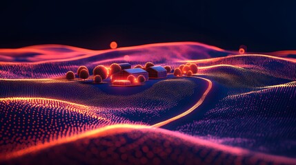 Fototapete - A mesmerizing digital landscape unfolds, with illuminated dots forming hills, valleys, and houses. A winding path leads to glowing structures under a dark sky. Abstract wireframe in dark blue