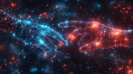 Fototapete - Futuristic hands connect, glowing blue and red against a cosmic backdrop. Digital networks symbolize unity in the vast space, creating a technological embrace. Abstract wireframe in dark blue.
